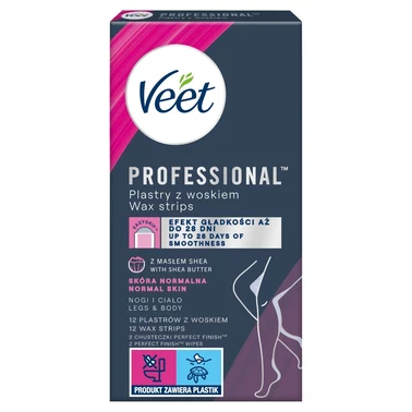 Veet Professional Plastry z woskiem skóra normalna 12 sztuk i 2 chusteczki - 0