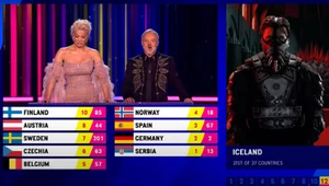 Hannah Waddingham i Graham Norton podczas łączenia z muzykiem Hatari z Islandii w finale Eurowizji 2023