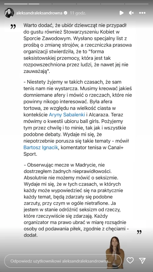 Aleksandra Kwaśniewska Instastory - wypowiedź komentatora sportowego Aleksandra Kwaśniewska Instastory - wypowiedź komentatora sportowego