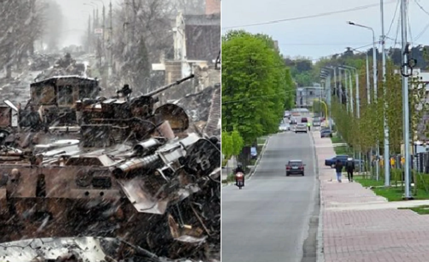 Zdjęcia Buczy: tuż po opuszczeniu miasta przez Rosjan w 2022 i dzisiaj/ zdjęcia: @RomanHavelka13 Zdjęcia Buczy: tuż po opuszczeniu miasta przez Rosjan w 2022 i dzisiaj/ zdjęcia: @RomanHavelka13