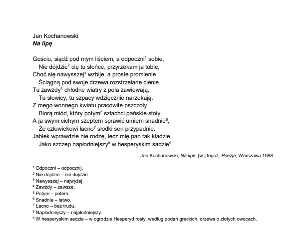 Jan Kochanowski, "Na lipę" Jan Kochanowski, "Na lipę"