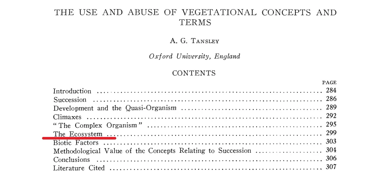 PIerwsze użycie terminu "ekosystem" w artykule z połowy lat 30. XX wieku.