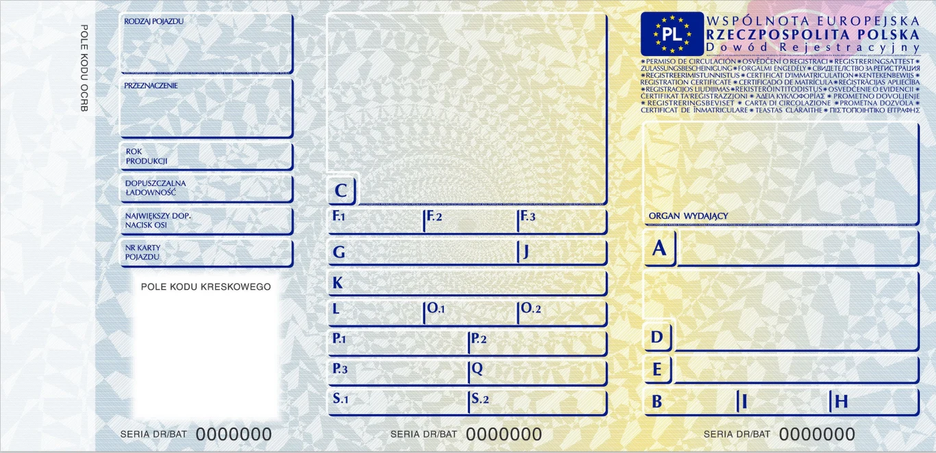 Awers dowodu rejestracyjnego. Tutaj znajdują się podstawowe informacje nt. pojazdu i związanych z nim osób.