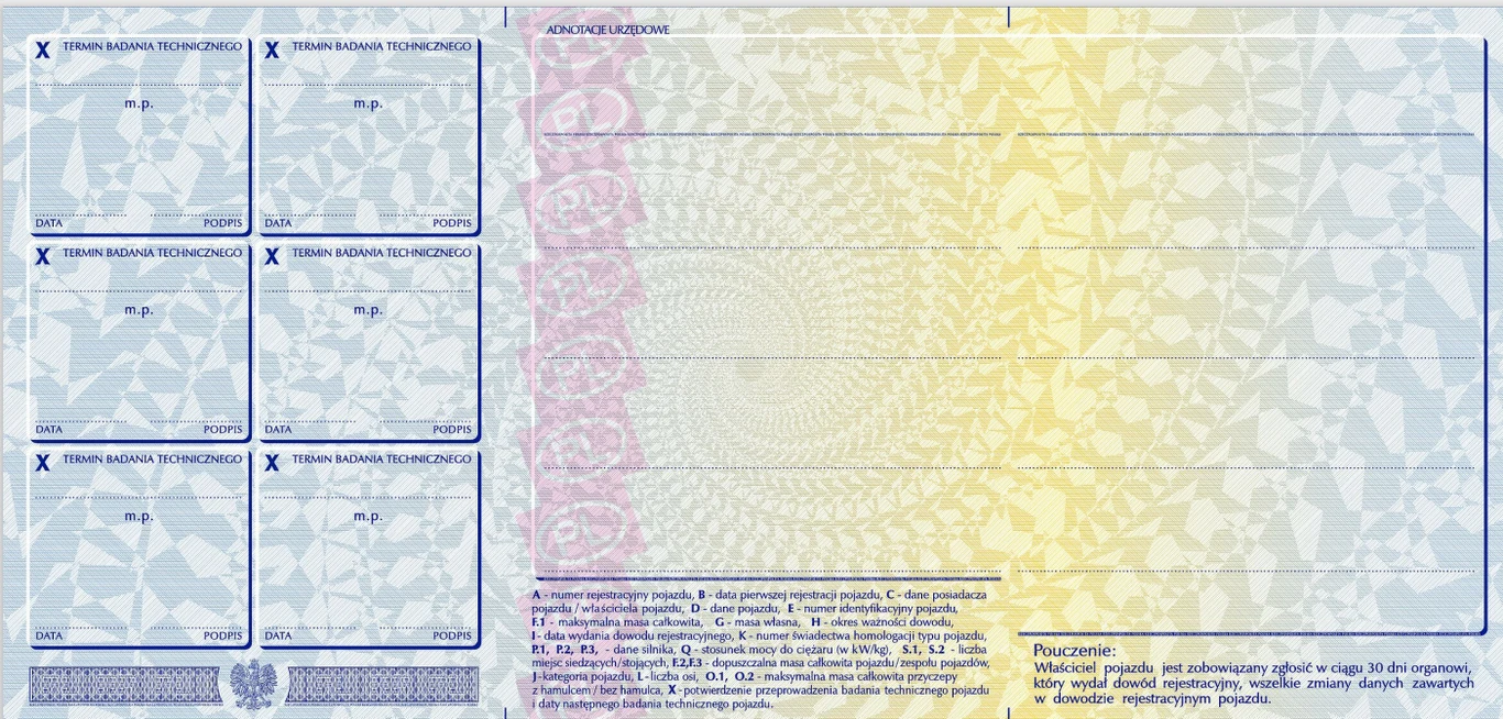 Rewers dowodu rejestracyjnego. Sześć miejsc na pieczątki znajduje się po lewej stronie.