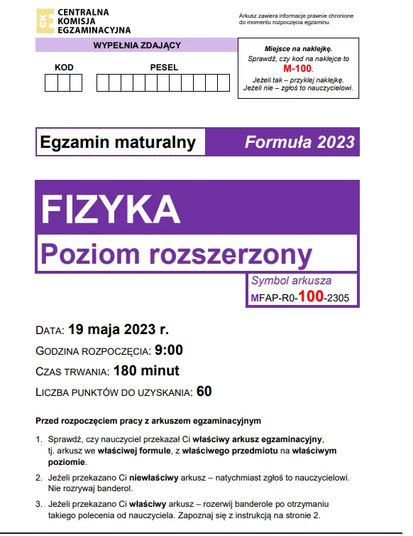 Matura 2023: Fizyka rozszerzona, arkusze CKE i odpowiedzi Matura 2023: Fizyka rozszerzona, arkusze CKE i odpowiedzi