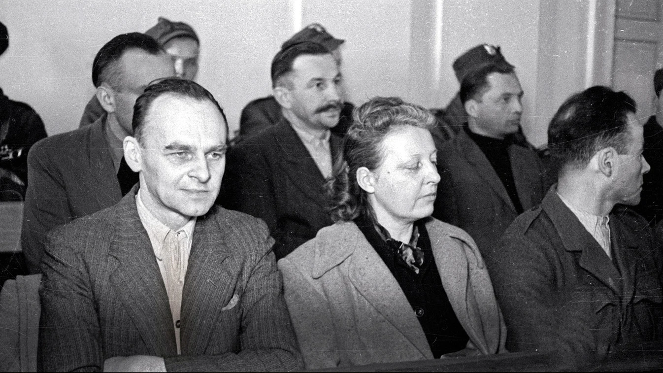 Witold Pilecki, Maria Szelągowska i Tadeusz Płużański na ławie oskarżonych, marzec 1948