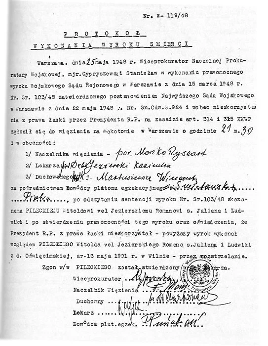 Protokół wykonania wyroku na Witoldzie Pileckim