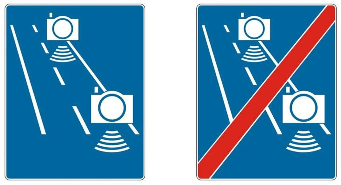 Znak D-51a "odcinkowy pomiar prędkości" oraz D-51b "koniec odcinkowego pomiaru prędkości" Znak D-51a "odcinkowy pomiar prędkości" oraz D-51b "koniec odcinkowego pomiaru prędkości"
