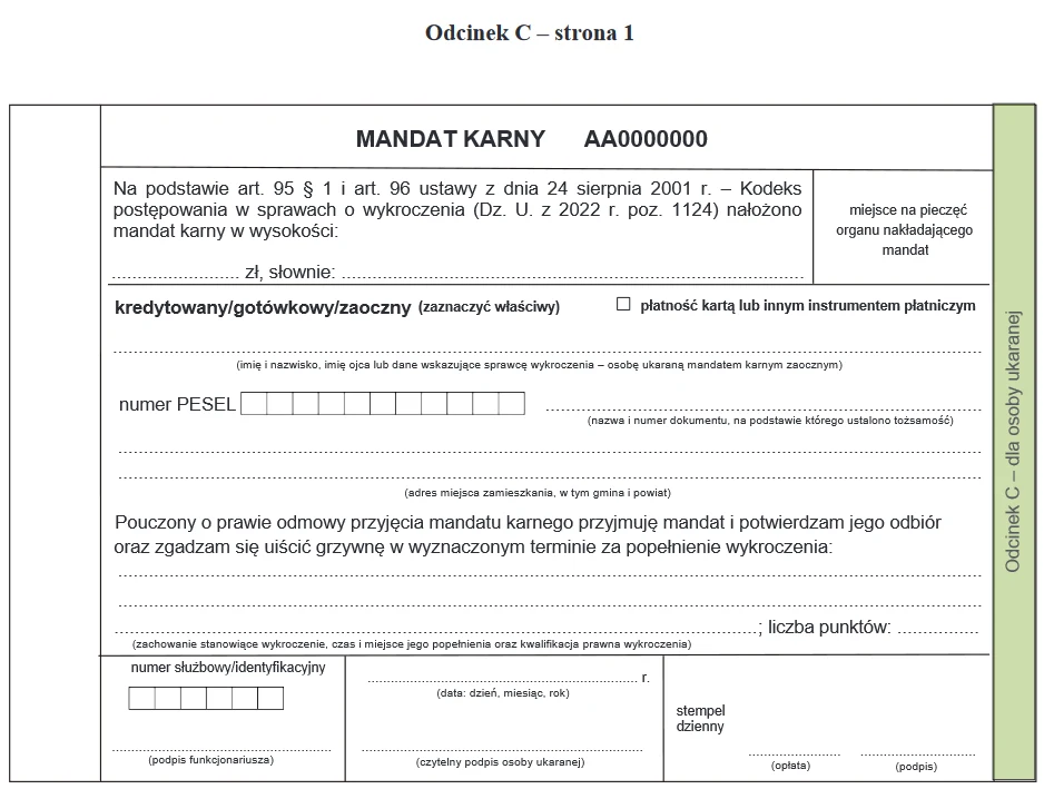 Odcinek C mandatu karnego dla kierowcy