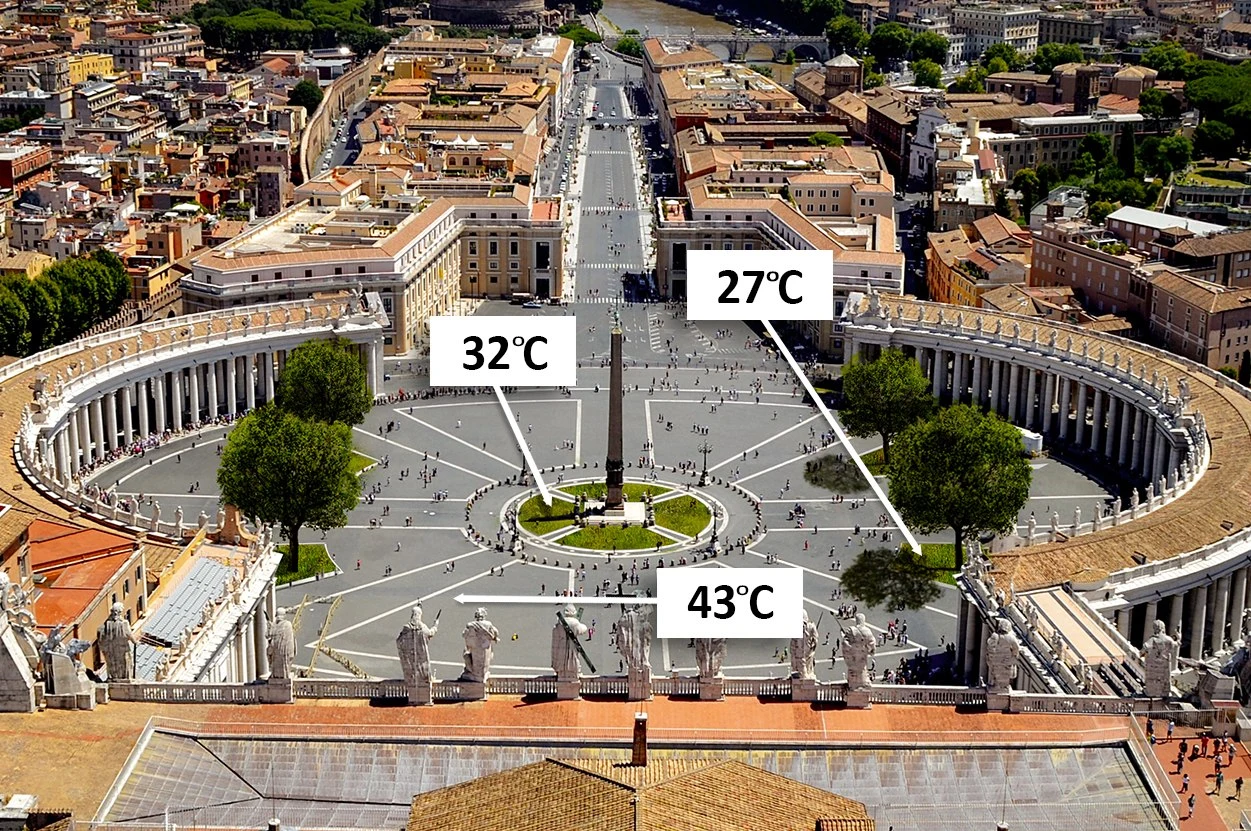 Temperatura na Placu Świętego Piotra na kamiennej nawierzchni i w otoczeniu zieleni Temperatura na Placu Świętego Piotra na kamiennej nawierzchni i w otoczeniu zieleni