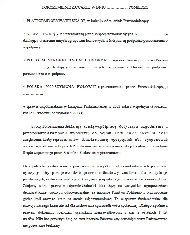 Dokument ustanawiający "pakt sejmowy" opozycji Dokument ustanawiający "pakt sejmowy" opozycji