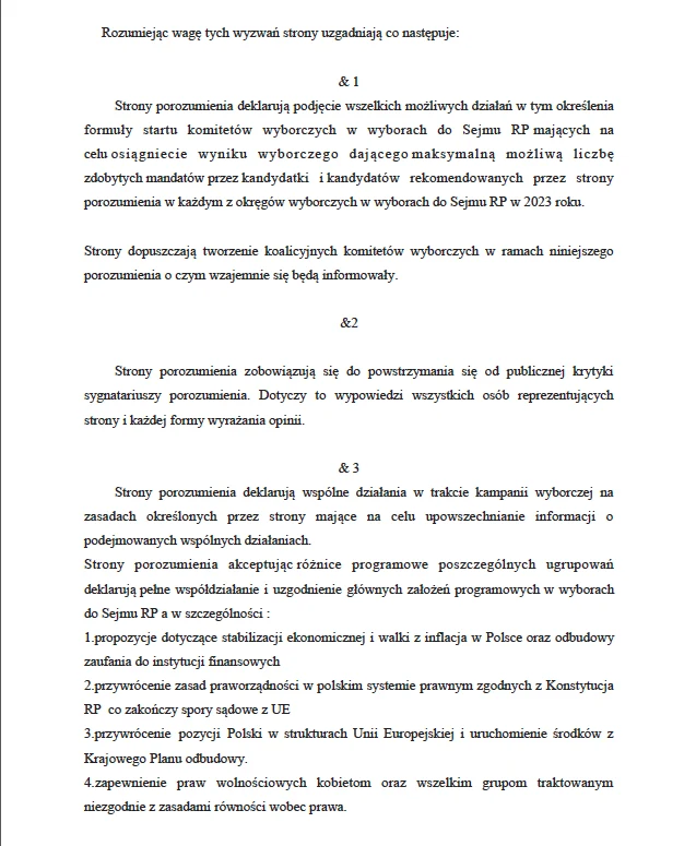 Dokument ustanawiający "pakt sejmowy" opozycji Dokument ustanawiający "pakt sejmowy" opozycji