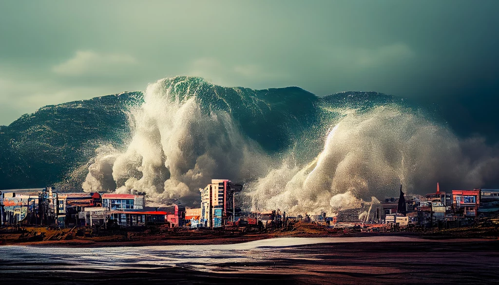 Grafika przedstawiająca hipotetyczne uderzenie w wybrzeże apokaliptycznej fali tsunami o wysokości ok. 100 metrów