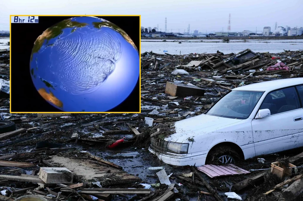 Animacja pokazuje rozchodzące się fale tsunami po trzęsieniu ziemi w pobliżu wybrzeży Japonii w marca 2011 roku