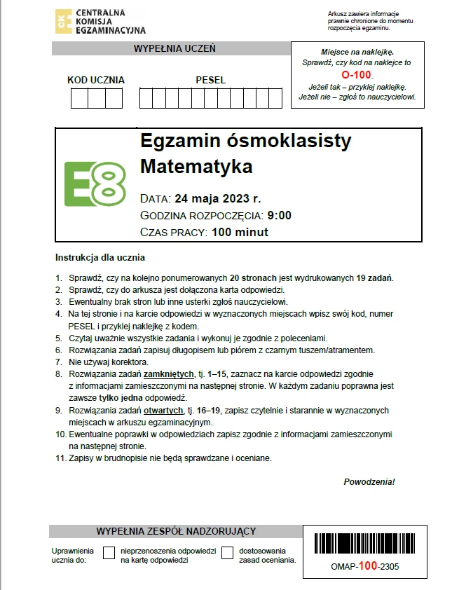 Egzamin ósmoklasisty 2023: Matematyka, arkusz CKE i odpowiedzi Egzamin ósmoklasisty 2023: Matematyka, arkusz CKE i odpowiedzi
