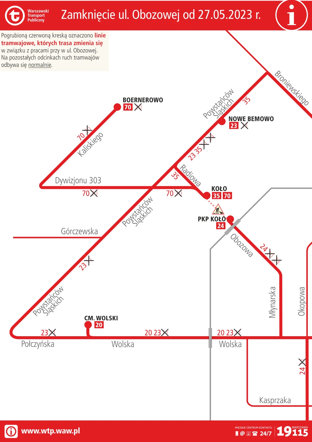 Mapa objazdów w związku z remontem torów na Obozowej