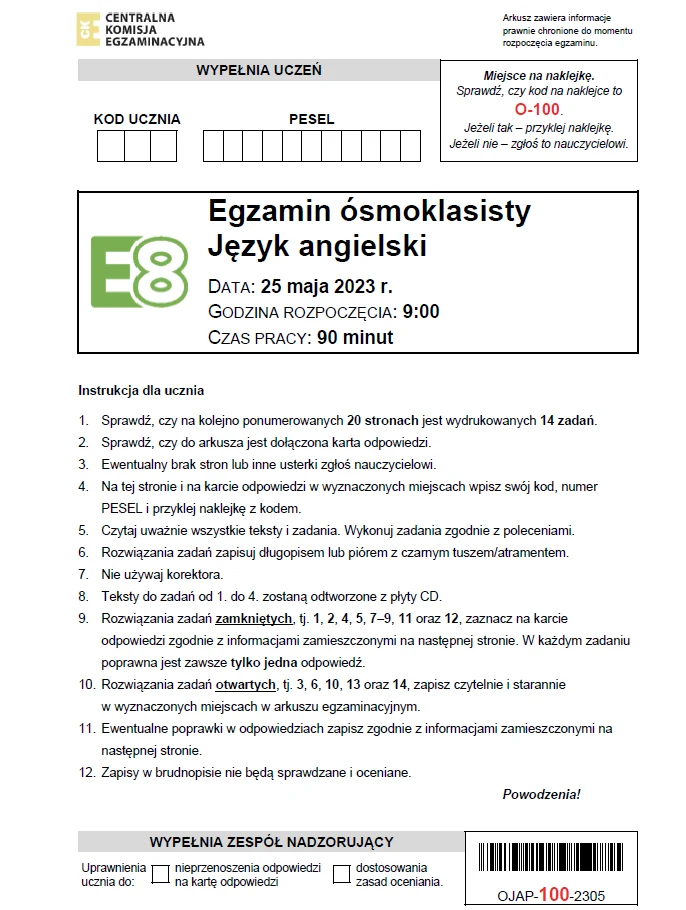 Egzamin ósmoklasisty 2023: Angielski, arkusz CKE i odpowiedzi Egzamin ósmoklasisty 2023: Angielski, arkusz CKE i odpowiedzi