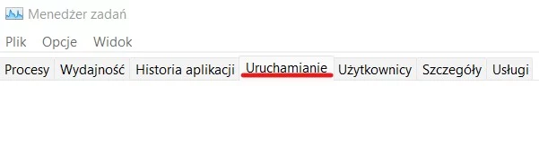 Menadżer zadań i zakładka "Uruchamianie".