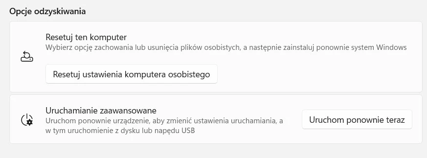 Przywracanie ustawień fabrycznych w systemie Windows.