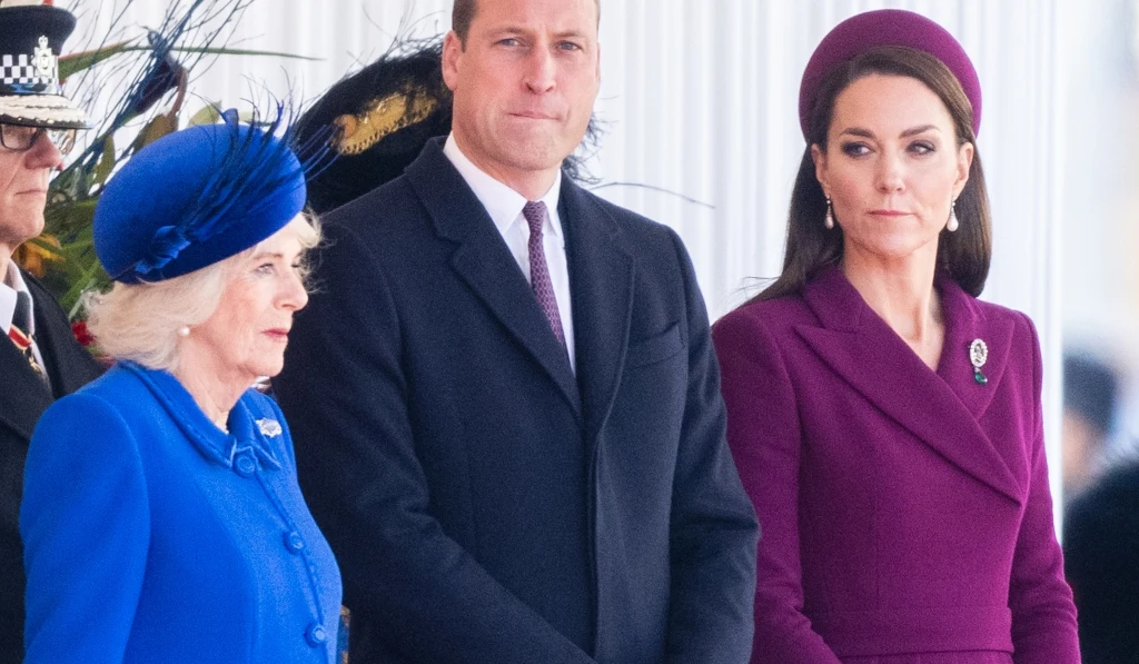 Królowa małzonka Camilla, książę William, księżna Kate