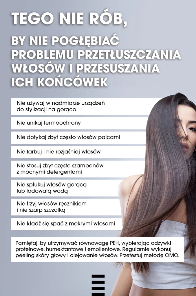 Tego nie rób, by nie pogłębiać problemu przetłuszczania włosów i przesuszania ich końcówek - infografika.