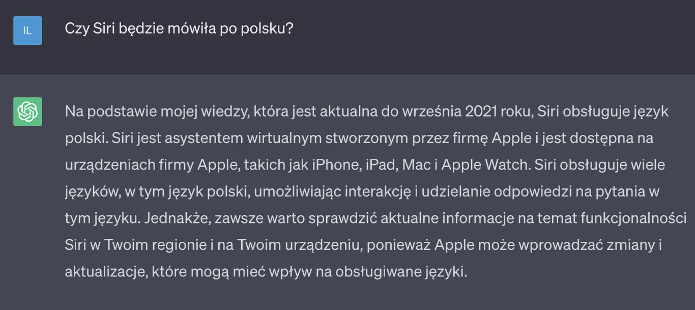 Odpowiedź na pytanie: "Czy Siri będzie mówiła po polsku?"