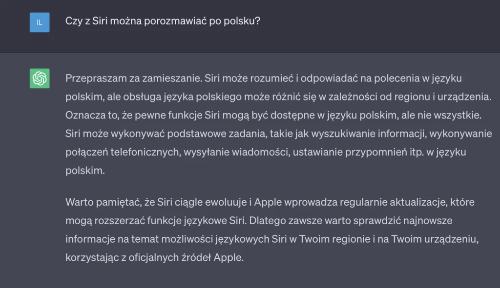 Odpowiedź na pytanie: "Czy z Siri można porozmawiać po polsku?"