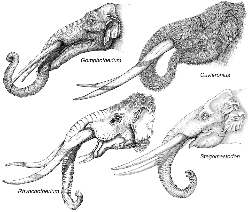 Ilustracje różnych rodzajów gomphothere, w tym Rhynchotherium (na dole po lewej), którego szczątki znaleziono na Florydzie 