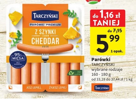 Tarczyński Parówki premium z szynki z serem cheddar 180 g (2 x 90 g)