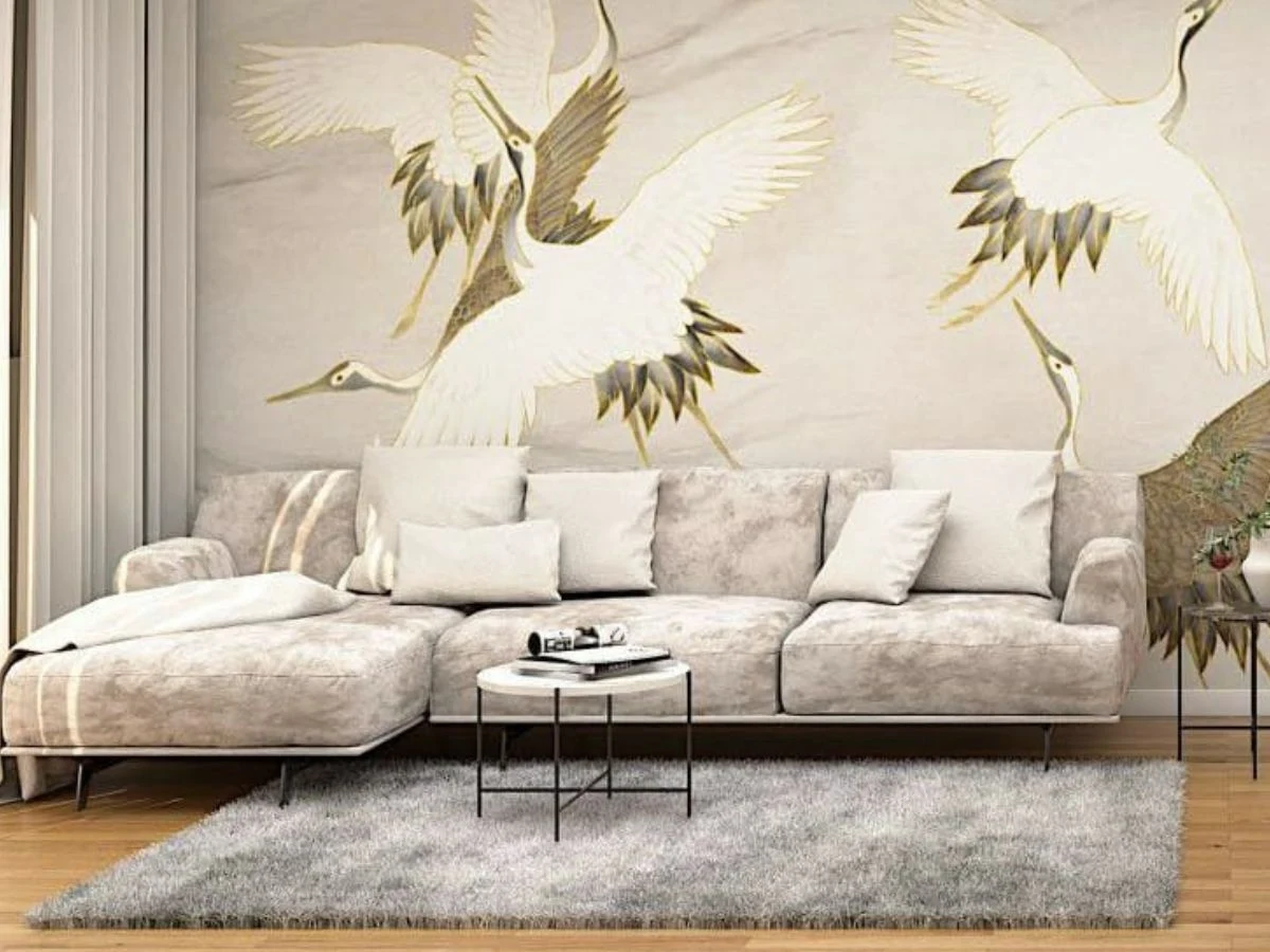 Salon Kasi Cichopek i Macieja Kurzajewskiego uzupełnia fototapeta oraz wyrazisty dywan