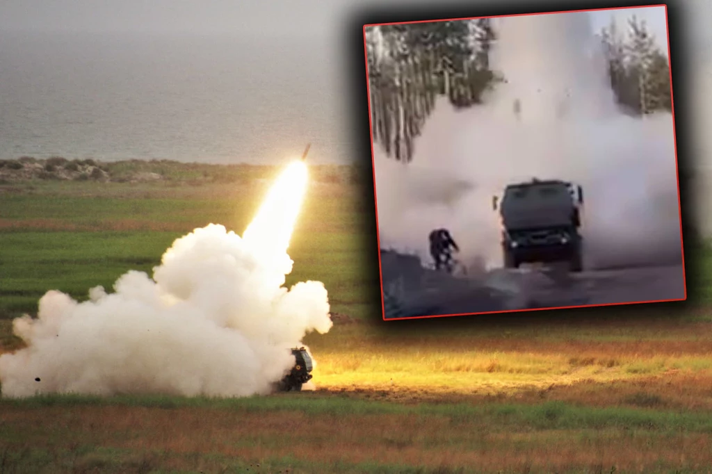 Wyrzutnia HIMARS i przejeżdżający rowerzysta Wyrzutnia HIMARS i przejeżdżający rowerzysta
