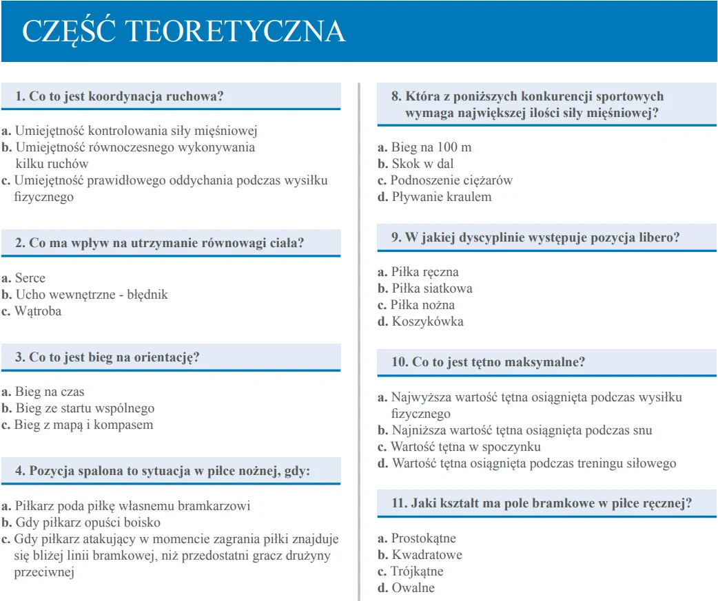 Pytania w części teoretycznej przykładowego arkusza zadań maturalnych z WF
