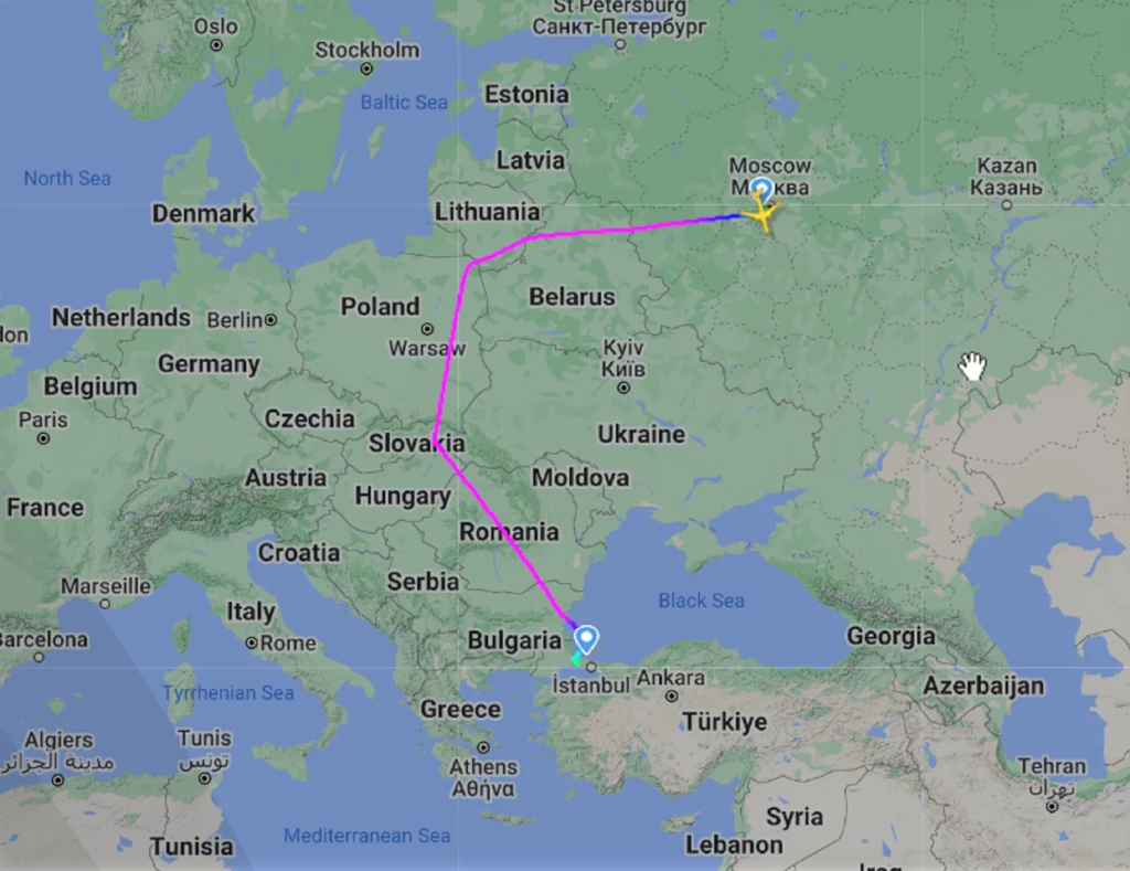 Trasa lotu z Moskwy do Stambułu przez Polskę / zdjęcie: flightradar24