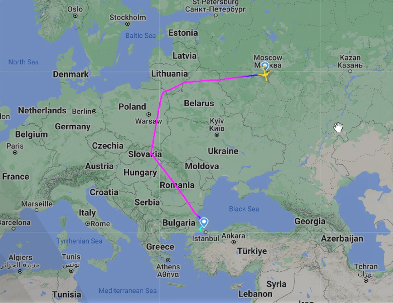Trasa lotu z Moskwy do Stambułu przez Polskę / zdjęcie: flightradar24 Trasa lotu z Moskwy do Stambułu przez Polskę / zdjęcie: flightradar24