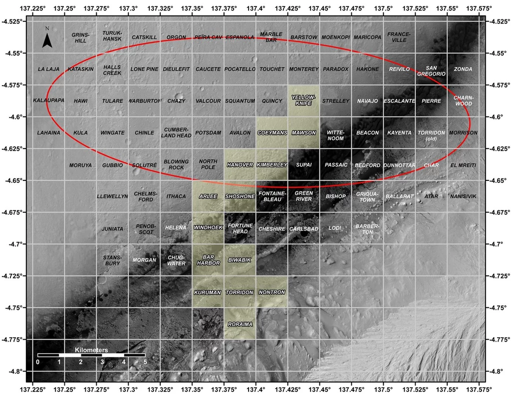 Przykładowa mapa pokazująca motywy kwadrantu łazika marsjańskiego Curiosity