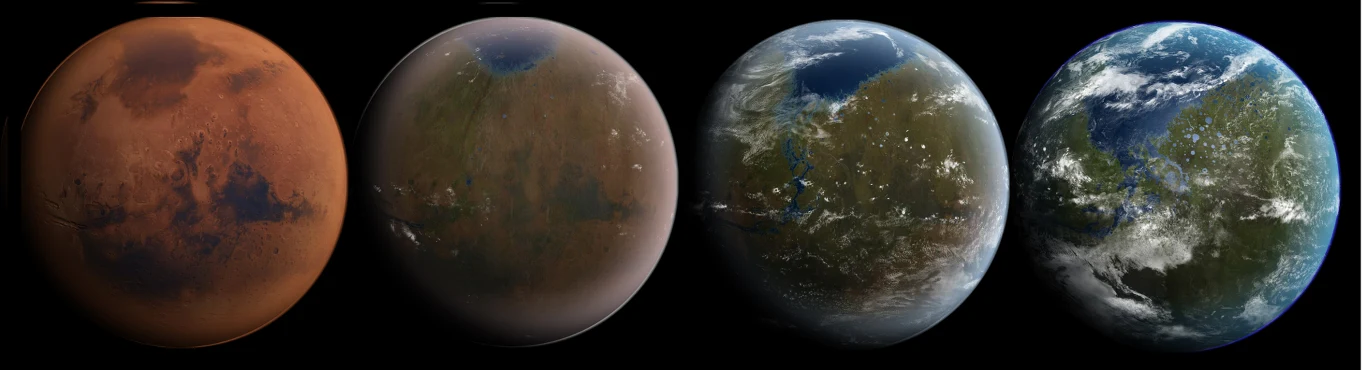 Wizualizacja kolejnych etapów terraformacji Marsa. Pierwsze zbiorniki ciekłej wody pojawią się w okolicy biegunów i z czasem wypełnią koryta rzek płynących po Czerwonej Planecie miliardy lat temu