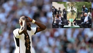 Gospodarzem Euro 2024 są Niemcy, którzy w ramach przygotowań do turnieju 16 czerwca zagrają towarzyski mecz z Polską. Na zdjęciach Antonio Rüdiger i puchar za wygranie mistrzostw Europy