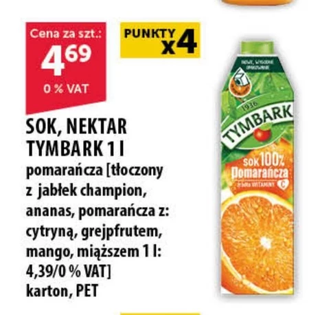 Tymbark Sok 100% pomarańcza mango 1 l