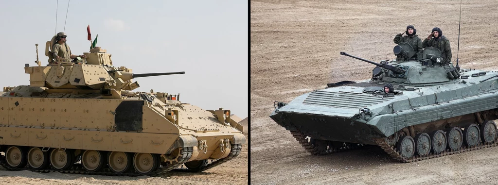 M2A2 Bradley (z lewej) ma jeszcze taką przewagę nad BMP, że ma znacznie więcej miejsca, przez co załoga ma większą swobodę przy ewakuacji