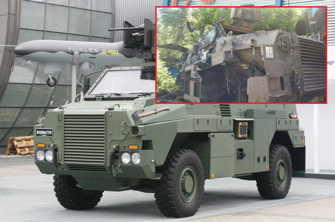 Wóz bojowy Bushmaster przetrwał zderzenie z dronem kamikadze. Wóz bojowy Bushmaster przetrwał zderzenie z dronem kamikadze.