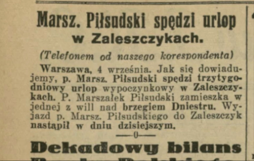 Nota na temat rozpoczęcia przez Piłsudskiego urlopu w Zaleszczykach na łamach "Ilustrowanego Kuriera Codziennego"