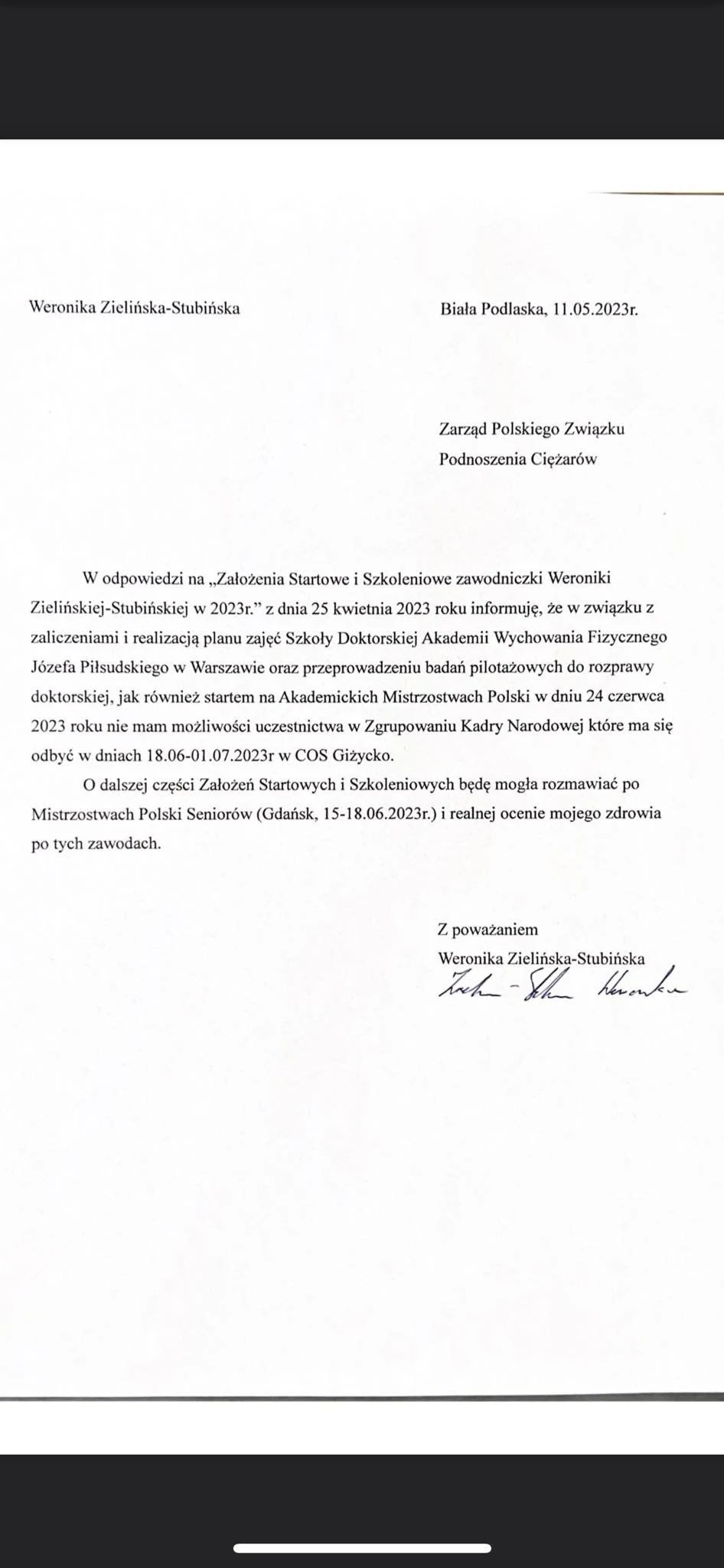 Pismo wysłane przez Weronikę Zielińską-Stubińską do PZPC