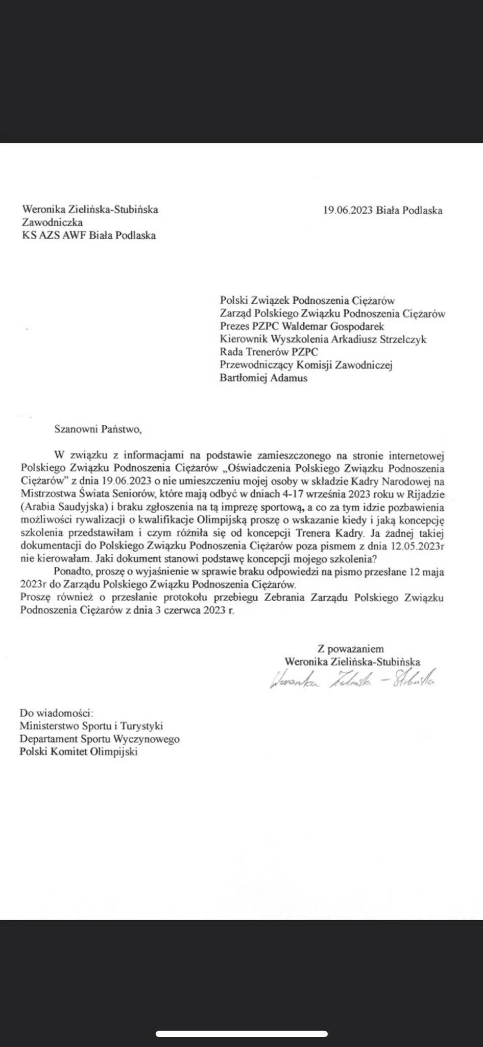 Pismo Weroniki Zielińskiej-Stubińskiej