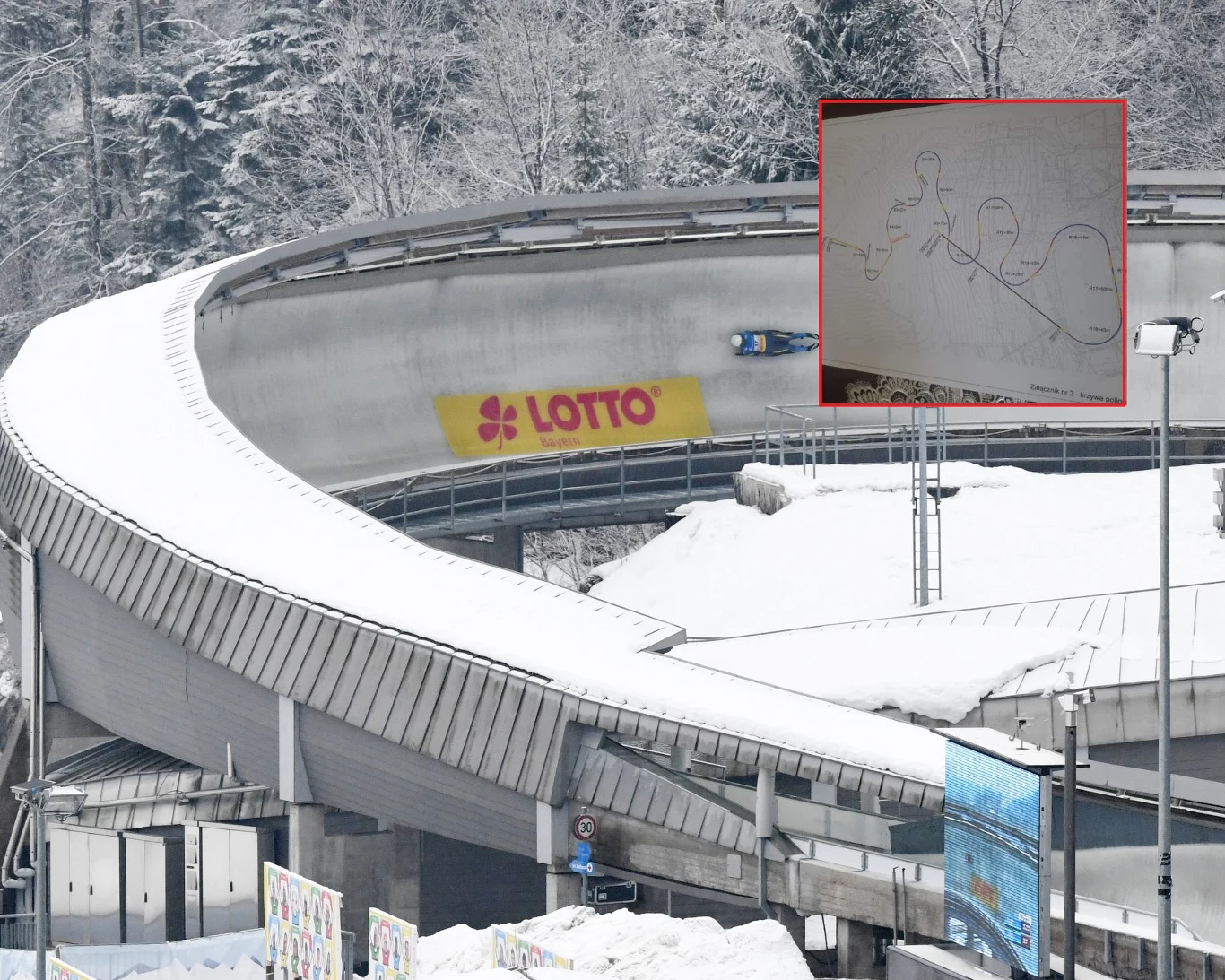 Tor saneczkowo-bobslejowy w Niemczech. W ramce przebieg toru na Górze Iwonka w Krynicy-Zdroju Tor saneczkowo-bobslejowy w Niemczech. W ramce przebieg toru na Górze Iwonka w Krynicy-Zdroju