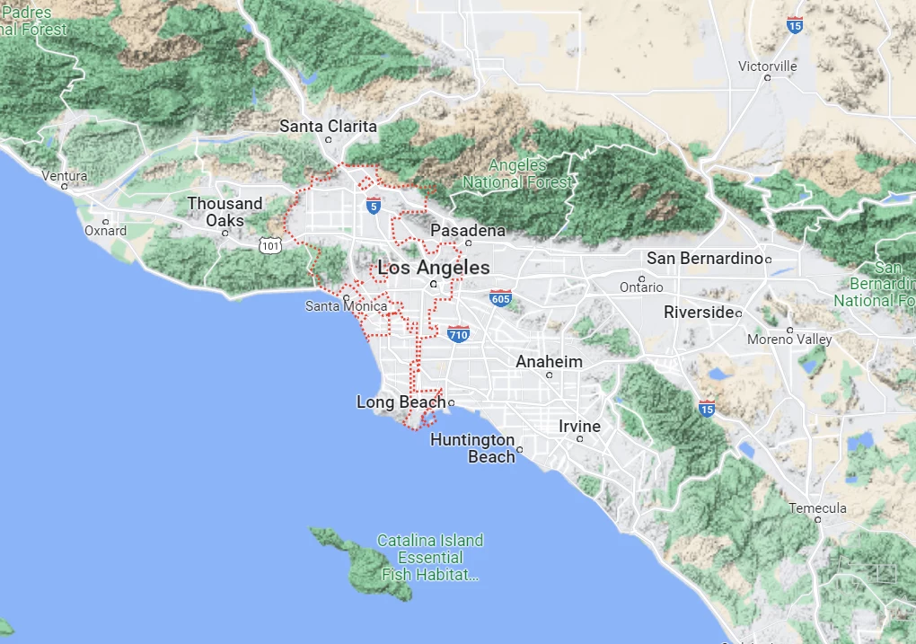 Mapa ukazująca ukształtowanie terenu wokół Los Angeles. 