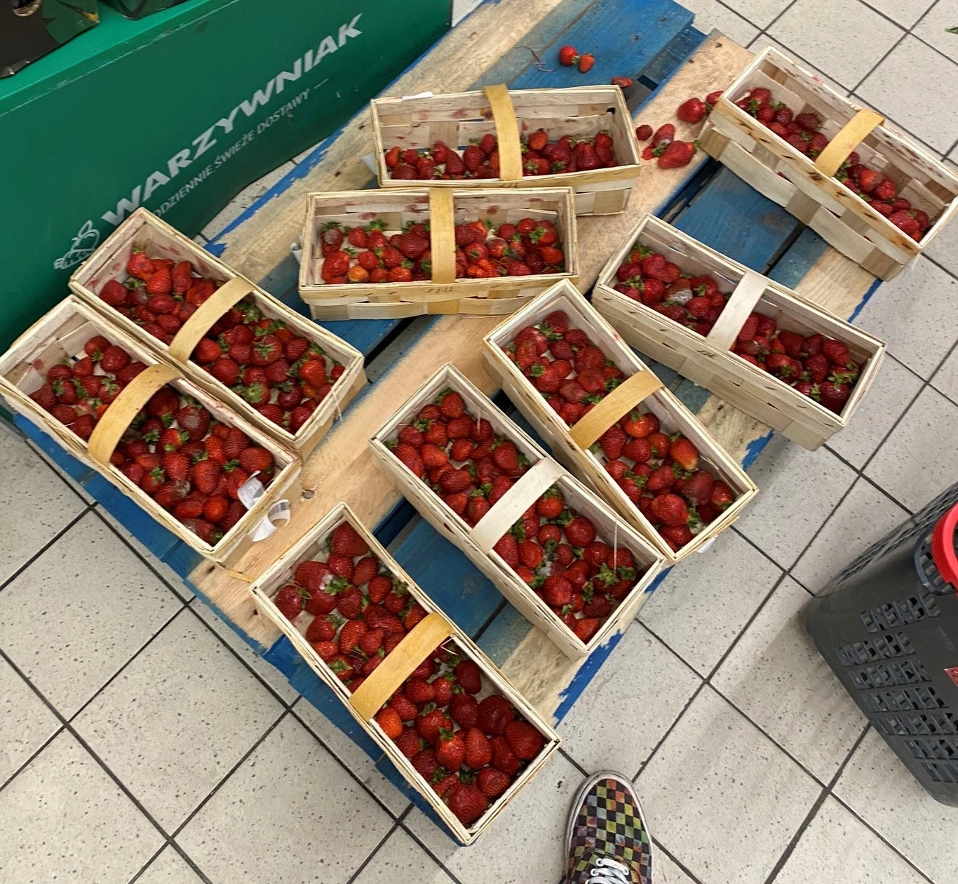 Truskawki w Biedronce ułożone na palecie. Widać rozsypane owoce i przebrane koszyczki z pogniecionymi sztukami. Truskawki w Biedronce ułożone na palecie. Widać rozsypane owoce i przebrane koszyczki z pogniecionymi sztukami.