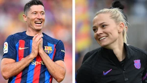 Nie tylko piłkarskie sekcje FC Barcelona - męska i żeńska - cieszą się po tym sezonie z mistrzostwa kraju. Triumf  "Blaugrany" jest znacznie większy. Na zdjęciu: Robert Lewandowski oraz zawodniczka FCB Femeni, Fridolina Rolfoe