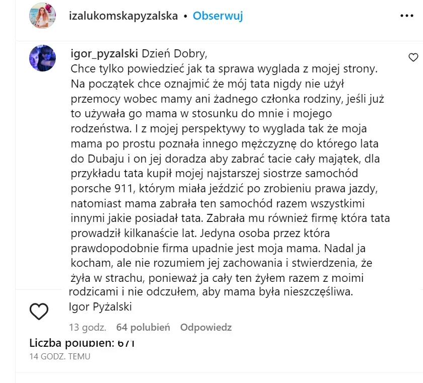 Syn Pyżalskiej komentuje oświadczenie matki Syn Pyżalskiej komentuje oświadczenie matki