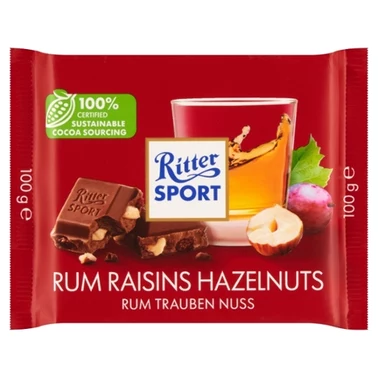 Ritter Sport Czekolada mleczna z rodzynkami w rumie i orzechami laskowymi 100 g - 0