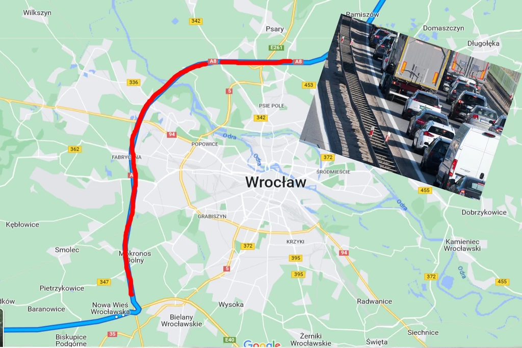 Autostradowa Obwodnica Wrocławia (autostrada A8) jest całkowicie zablokowana w kierunku na Kudowę Słone 